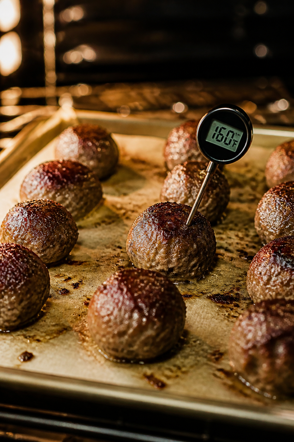 Cooking process: Meatballs on a parchment-lined sheet pan under the broiler catching deeper carameli