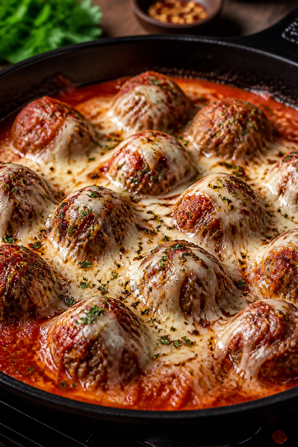 Cooking process: Meatballs simmering in a shallow skillet of low-carb marinara, tiny bubbles around 