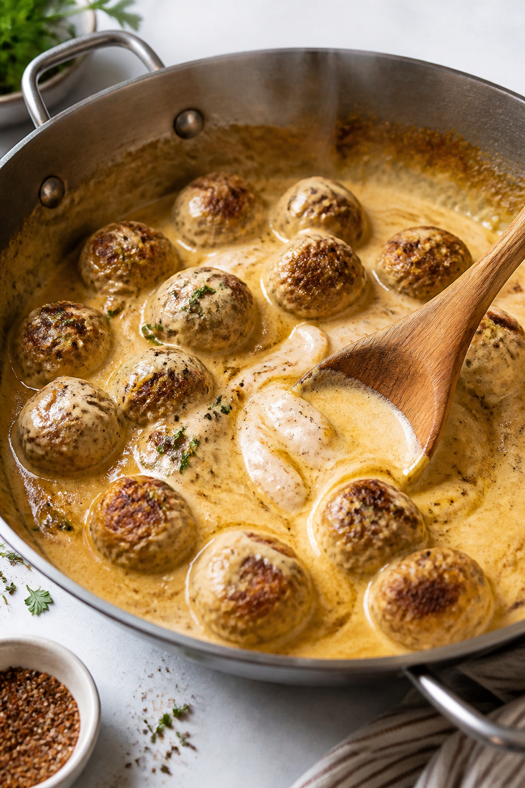 Cooking process: Meatballs simmering in a silky Dijon cream sauce mid-reduction, sauce gently bubbli