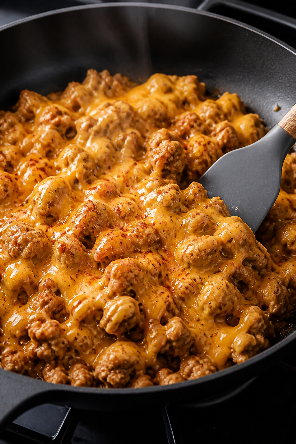 Cooking process — Melted-cheddar turkey in skillet: Close-up of browned, crumbled ground turkey si