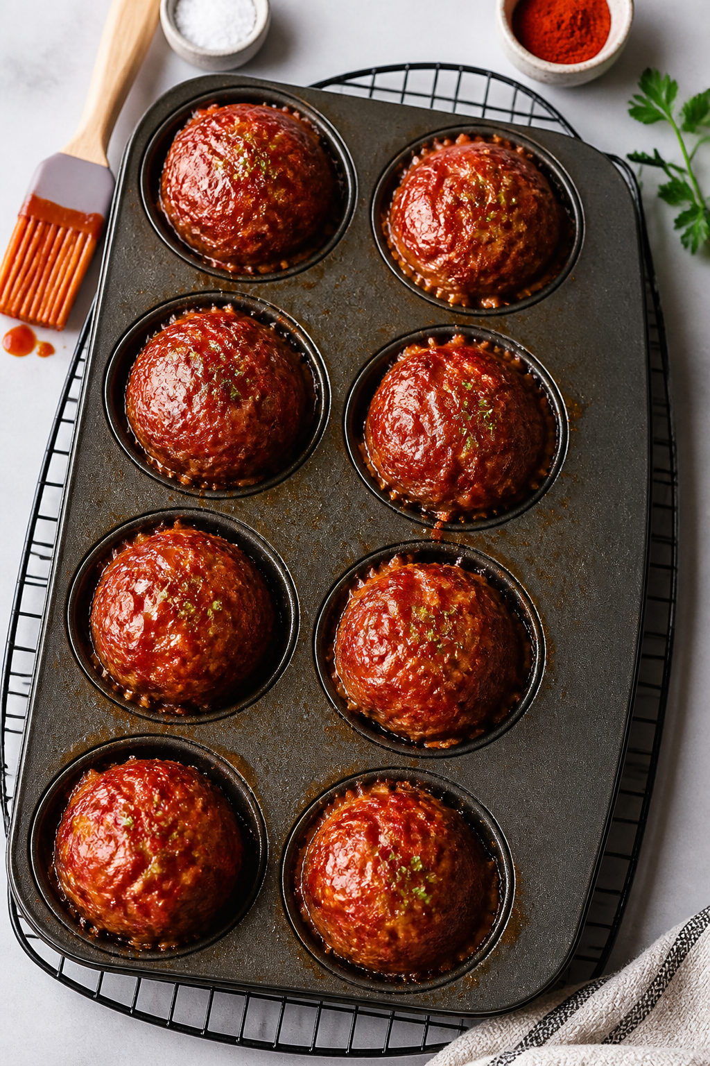 Cooking process: Muffin tin fresh from the oven on a cooling rack, each cavity holding a perfectly b