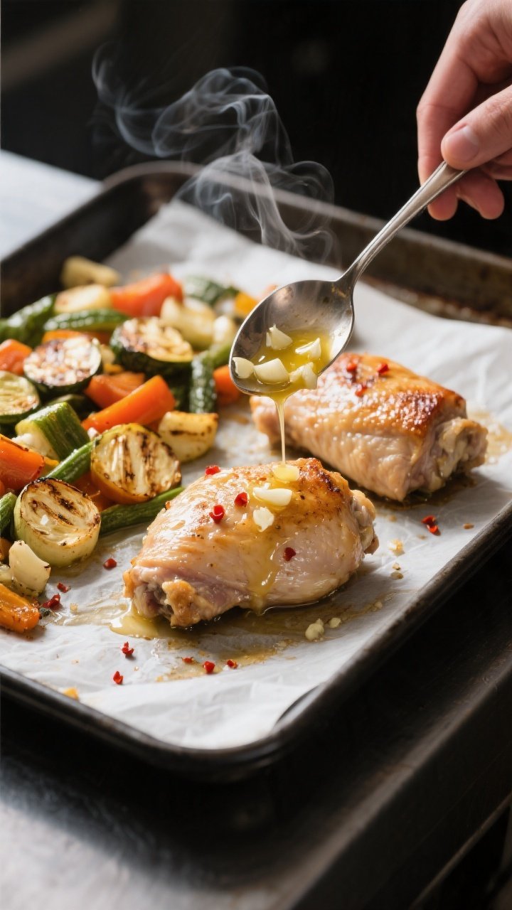 Cooking process: On-sheet-pan scene mid-cook—vegetables spread across half the pan showing light c