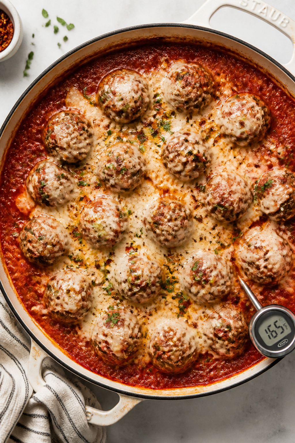 Cooking process: Overhead shot of a large oven-safe skillet just out of the oven, meatballs partiall