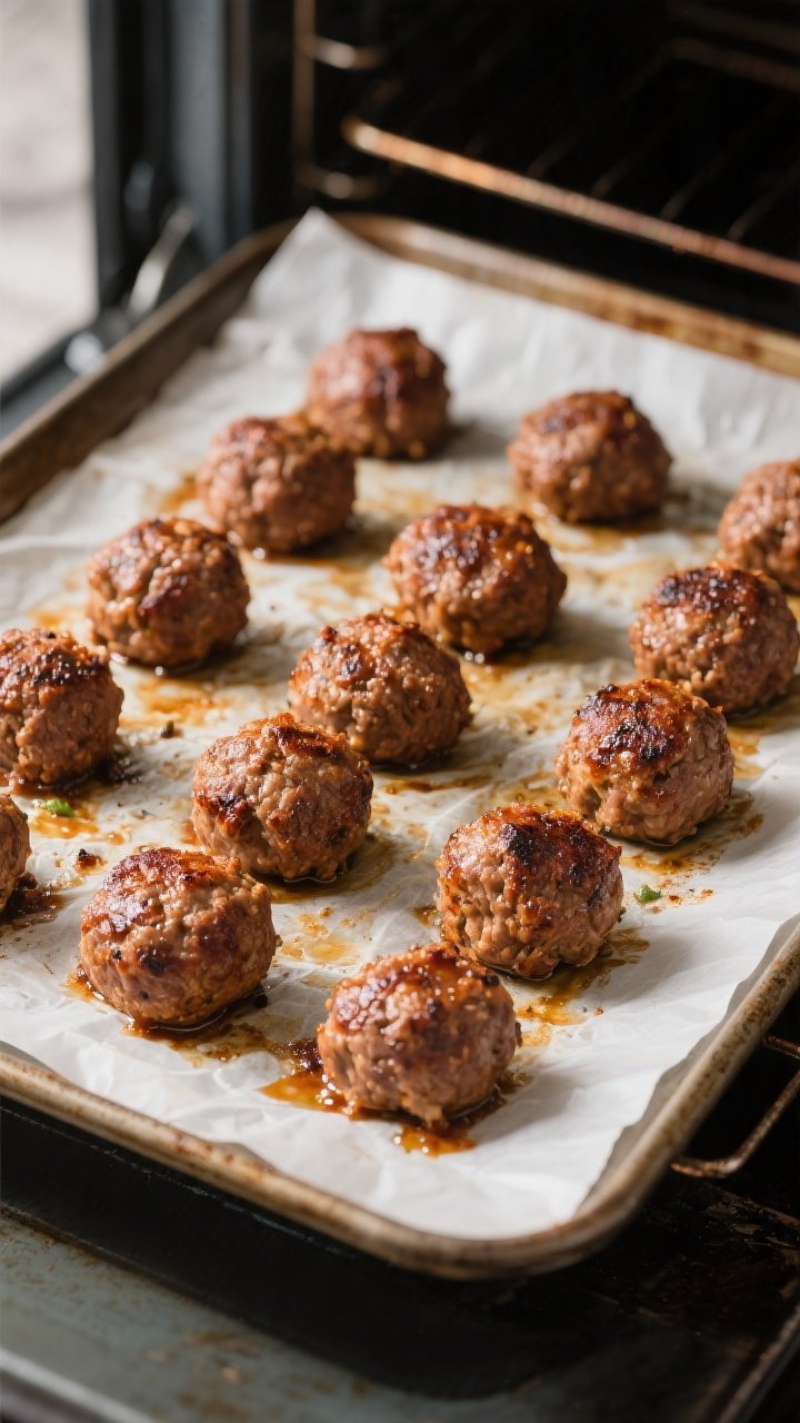 Cooking process: Overhead shot of browned meatballs finishing in the oven on a parchment-lined sheet