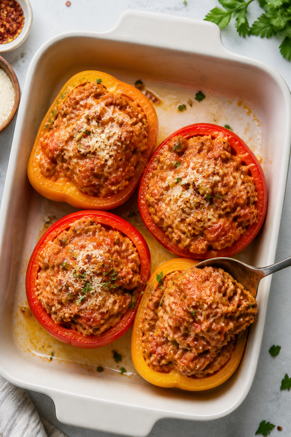 Cooking process: Overhead shot of four par-baked bell pepper shells nestled snugly in an oiled bakin