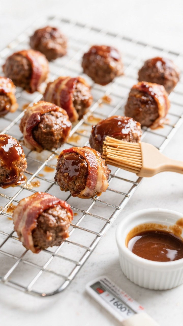 Cooking process: Overhead shot of glazed meatballs on a wire rack during the final glaze bake—brus