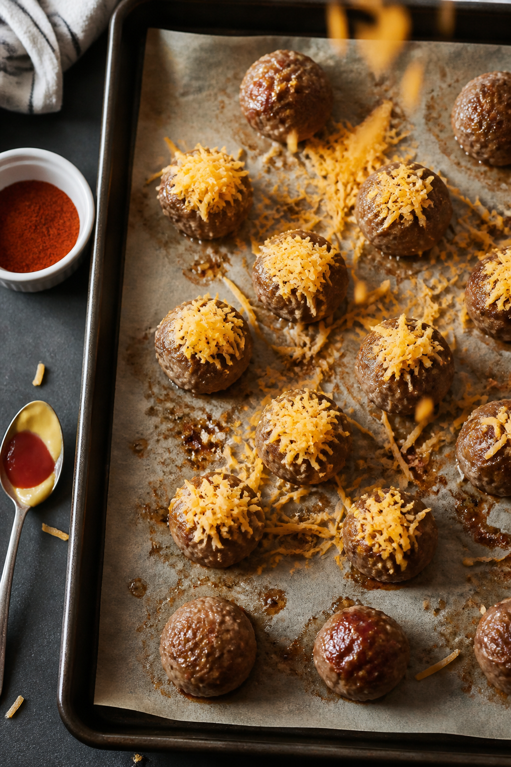 Cooking process: Overhead shot of golf ball–sized meatballs on a parchment-lined baking sheet righ