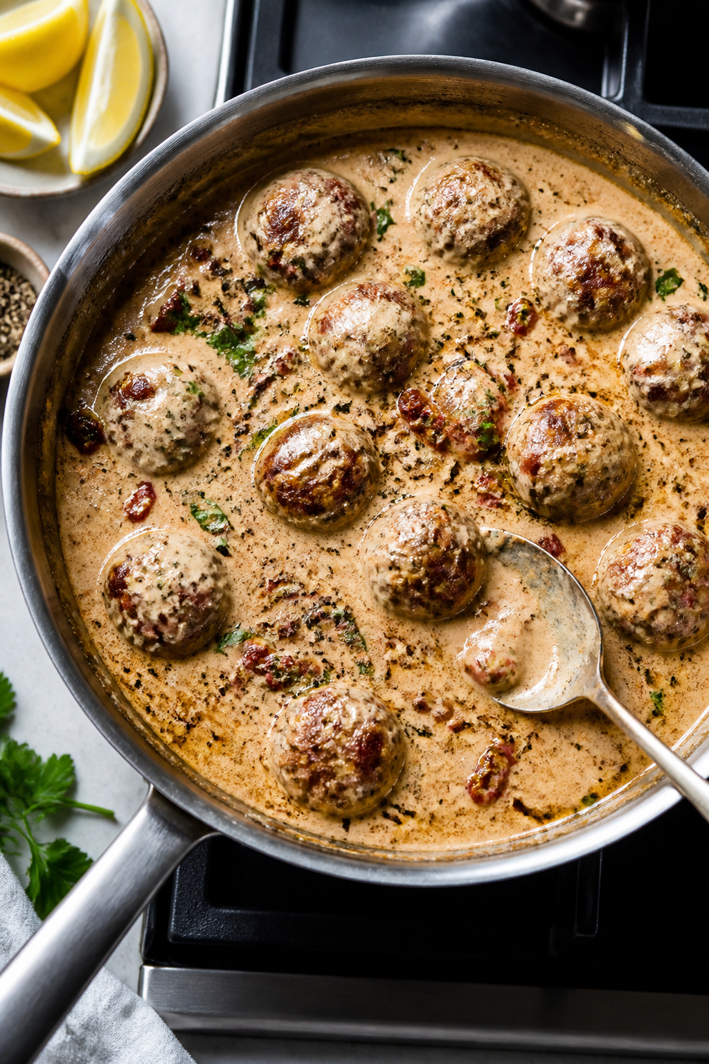 Cooking process: Overhead shot of meatballs finishing in the skillet, partially submerged and simmer