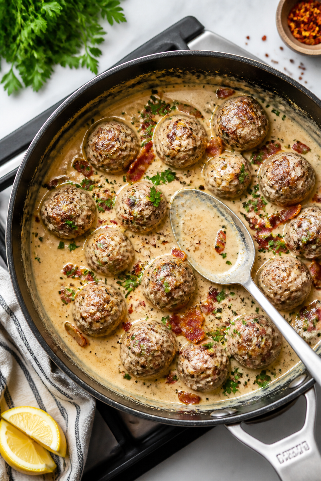 Cooking process: Overhead shot of meatballs simmering in a silky garlic cream sauce in the same skil