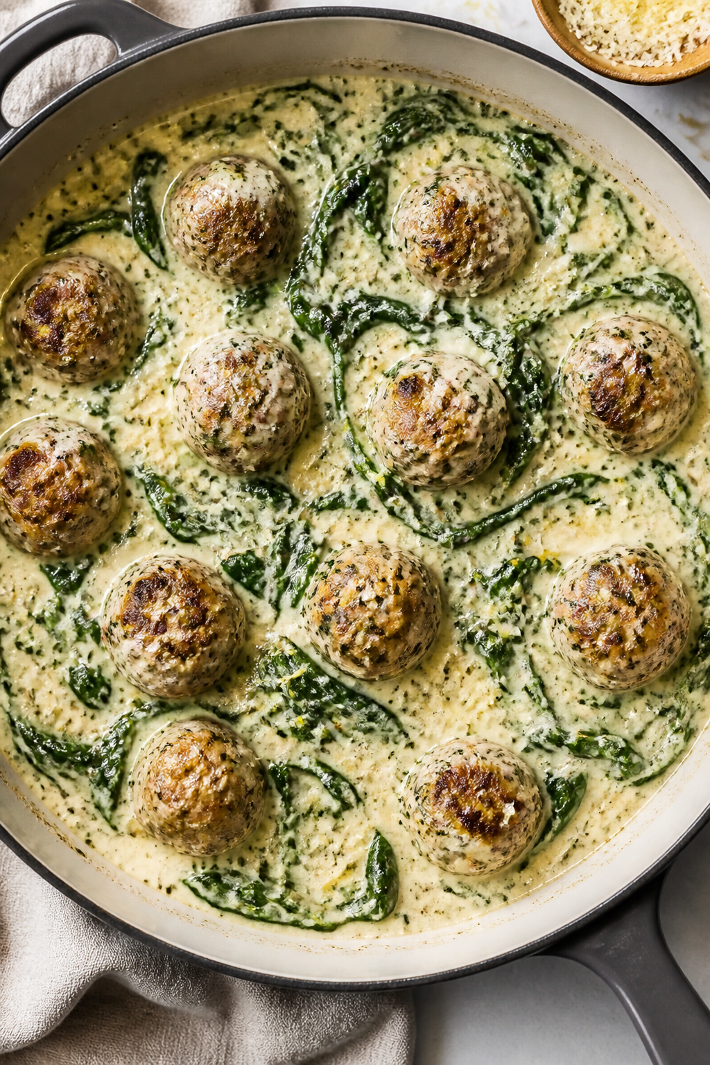 Cooking process: Overhead shot of meatballs simmering, nestled in a velvety creamy spinach sauce; vi
