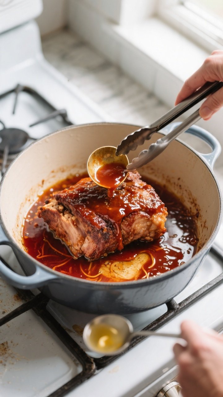 Cooking process: Overhead shot of pork shoulder in a Dutch oven post-braise, being tossed with strai