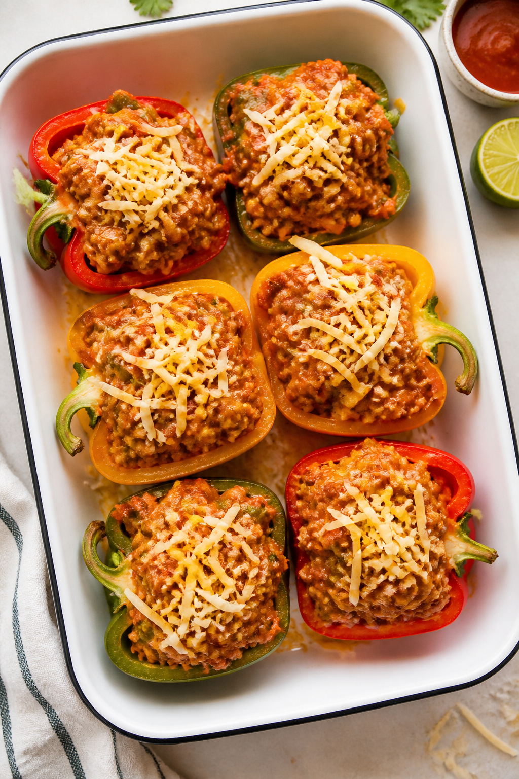 Cooking process: Overhead shot of pre-baked bell pepper halves being generously spooned with the sau