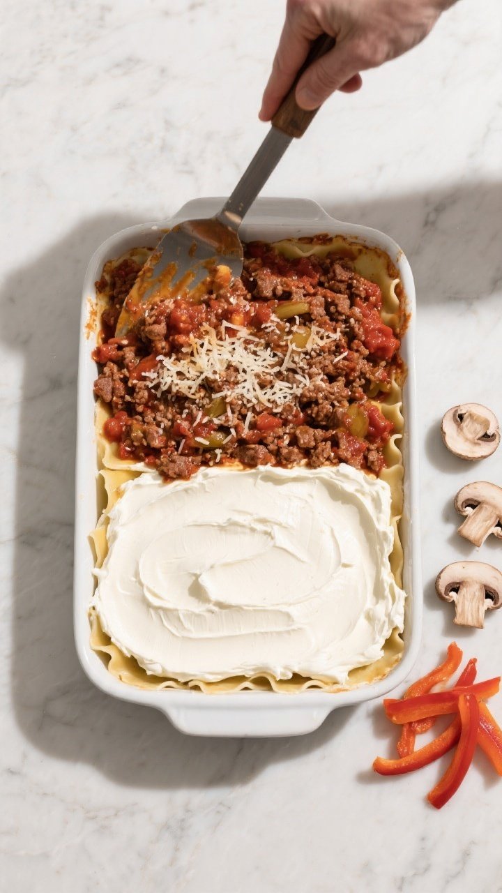 Cooking process: Overhead shot of the casserole being layered in a 9x13 dish—smooth, whipped cream