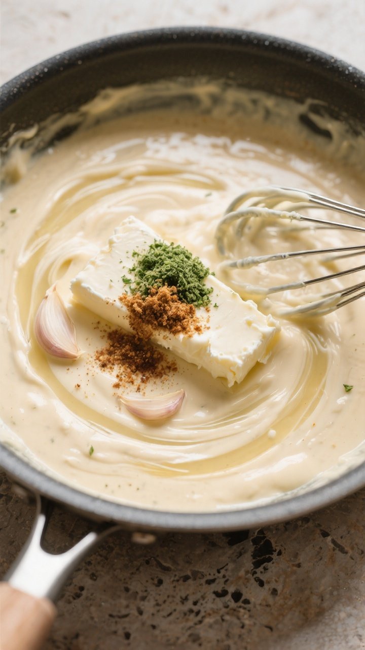 Cooking process: Overhead shot of the creamy sauce being built in the skillet—cream cheese melting