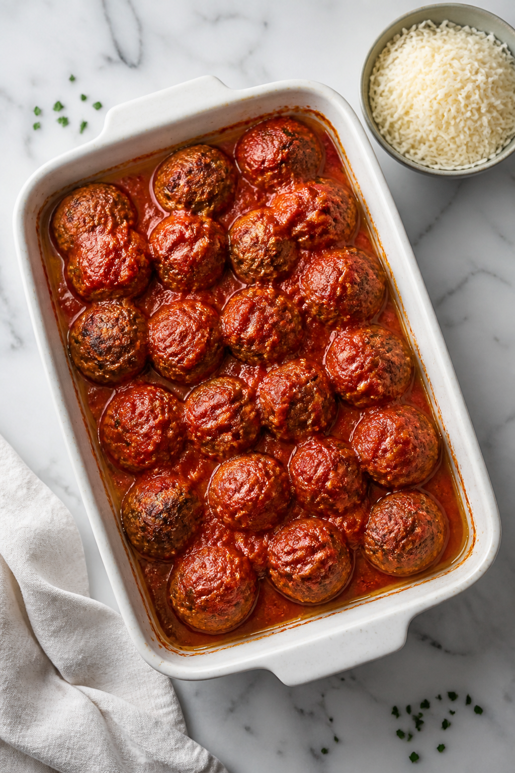 Cooking process: Overhead shot of the layered bake mid-assembly—meatballs nestled in a 9x13 dish o