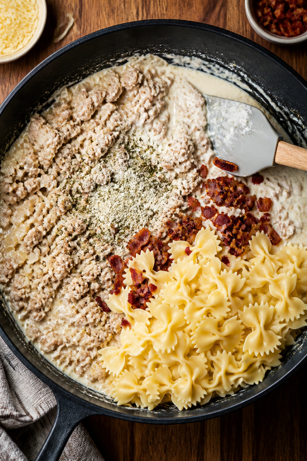 Cooking process: Overhead shot of the ranch cream sauce coming together in an oven-safe skillet—br