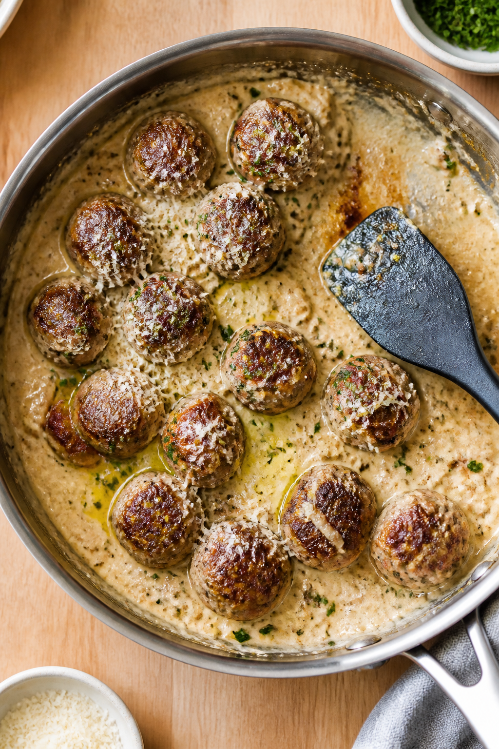 Cooking process: Overhead shot of the roasted garlic sauce coming together in a skillet—mashed car
