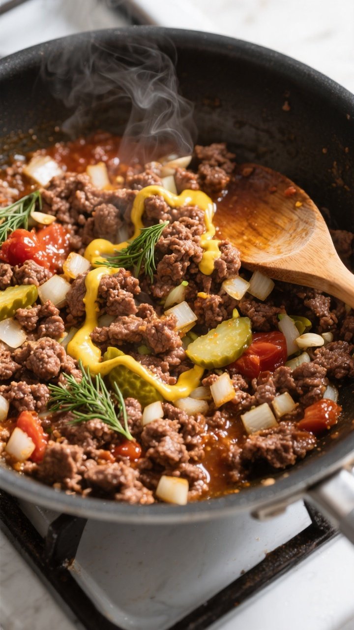 Cooking process: Overhead shot of the seasoned beef mixture in a skillet mid-cook—crumbled ground