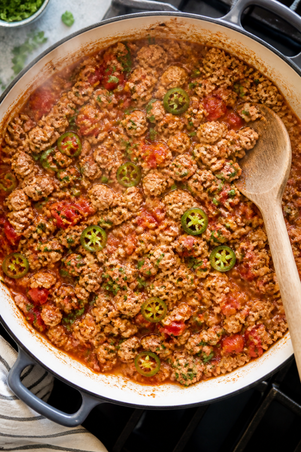 Cooking process: Overhead shot of the seasoned ground turkey mixture simmering in a large oven-safe 