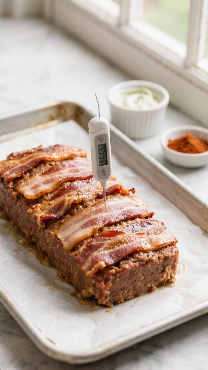 Cooking process: Overhead shot of the shaped meatloaf mid-bake on a parchment-lined sheet pan, toppe