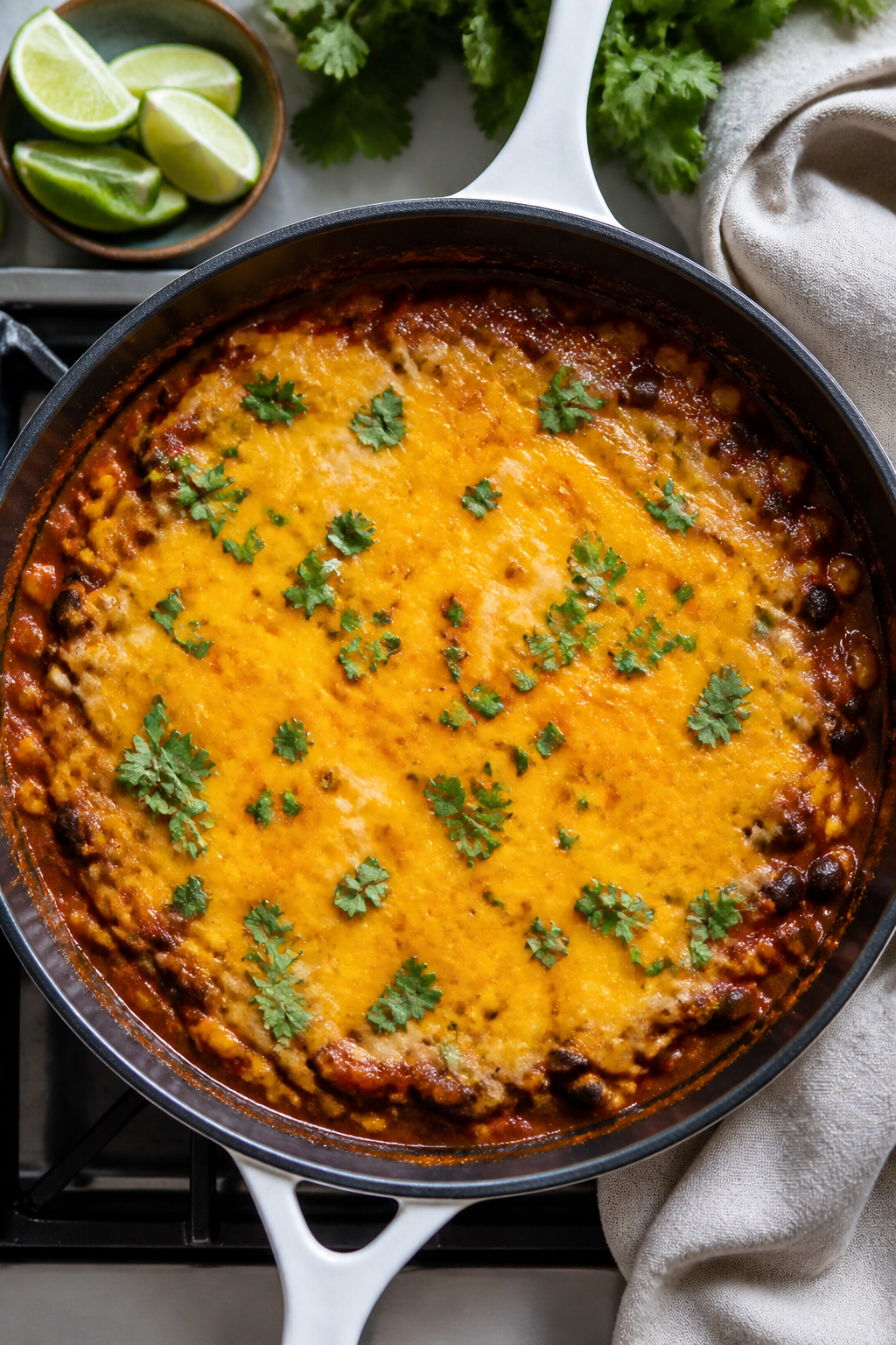Cooking process: Overhead shot of the skillet during the “finish and melt” step—surface blanke