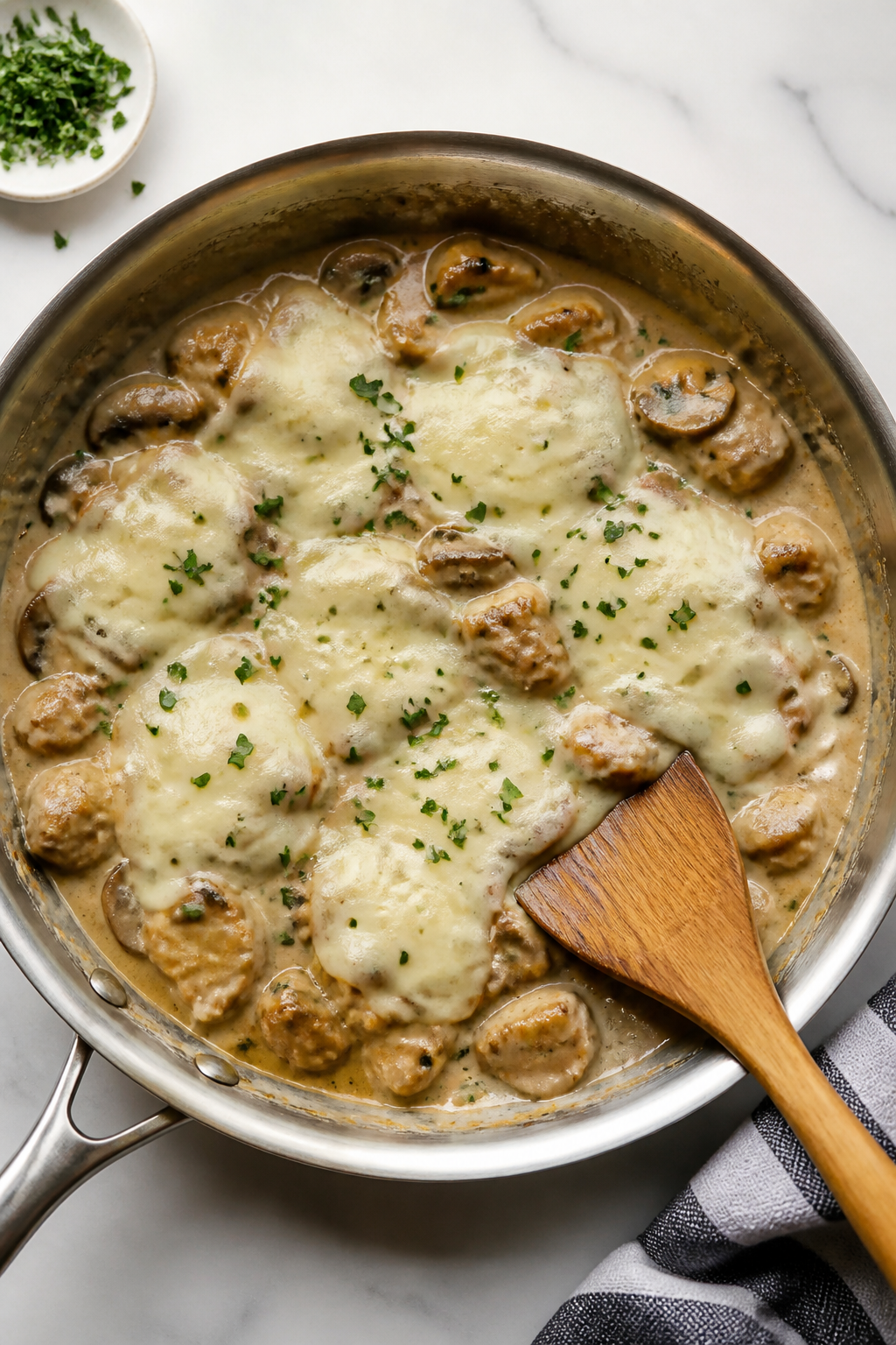 Cooking process: Overhead shot of the skillet just after melting, Swiss cheese blanketing the turkey