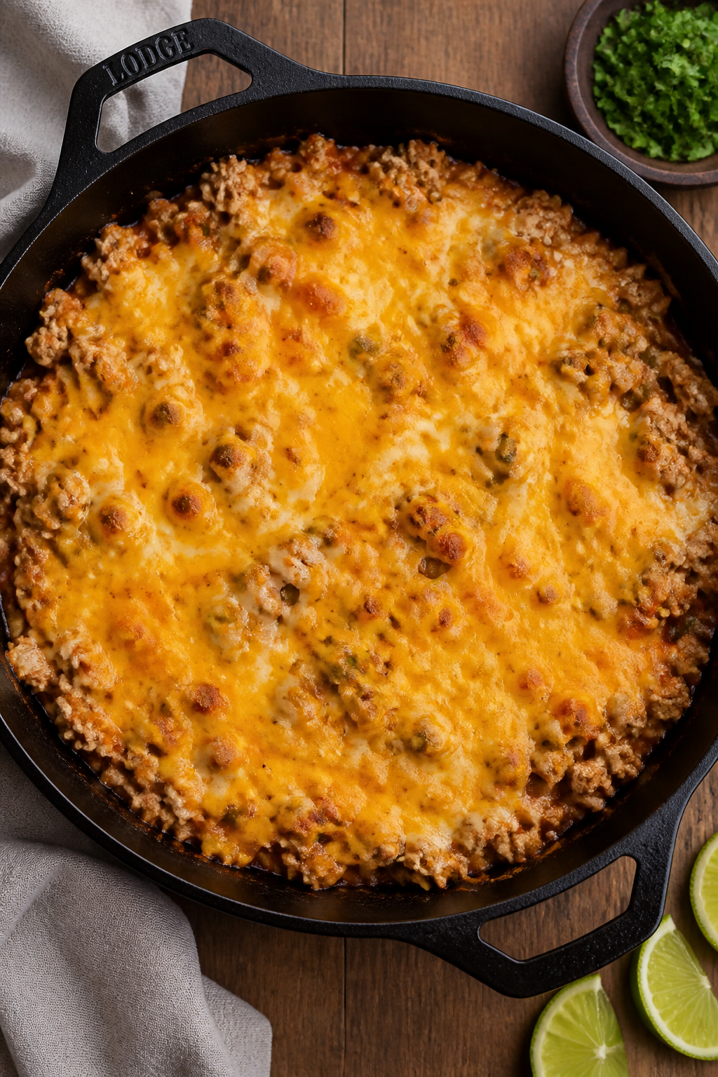 Cooking process: Overhead shot of the turkey taco skillet right after “cheese it” step—bubbly,