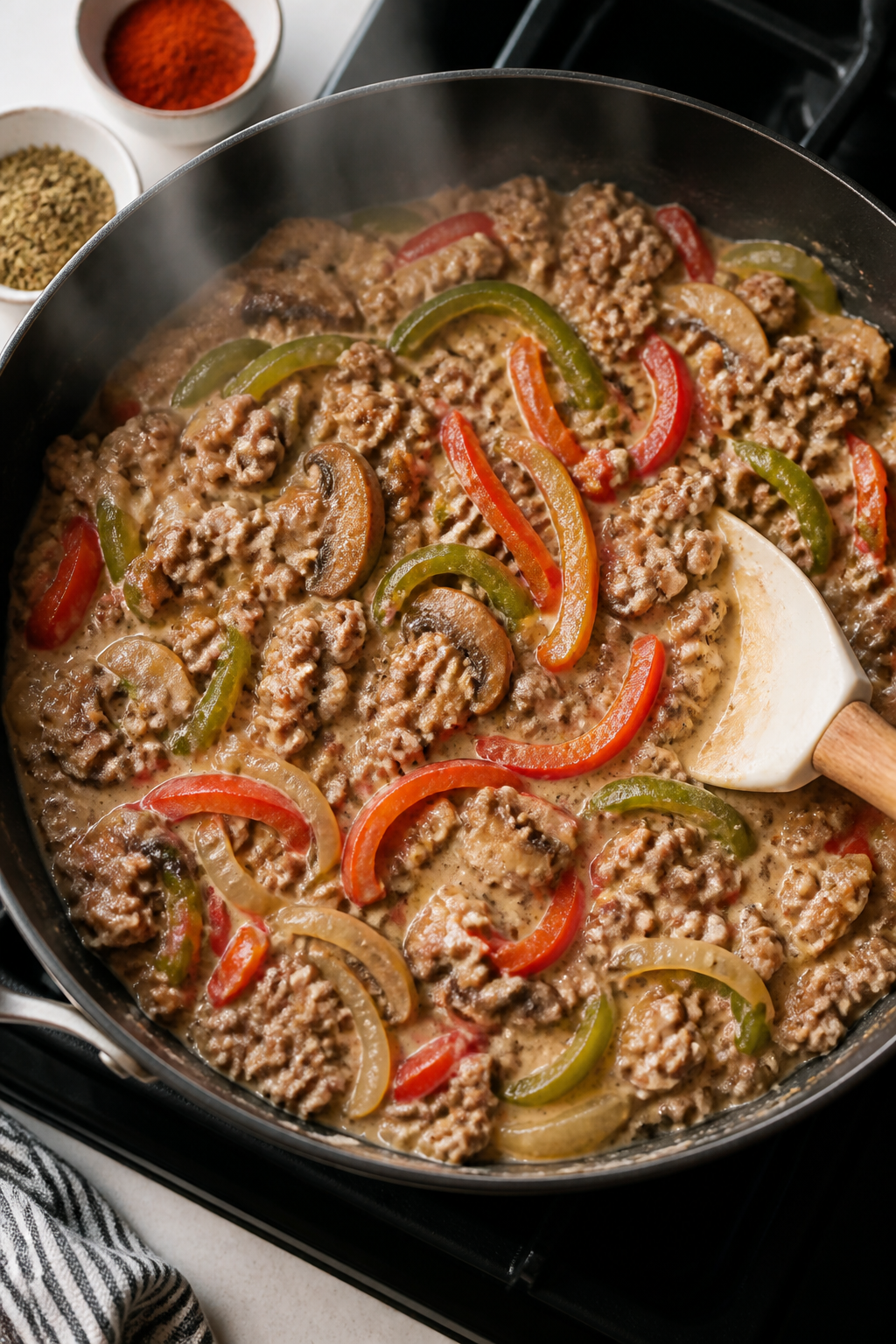 Cooking process: Overhead shot of the turkey–veggie mixture in a large skillet right after “comb