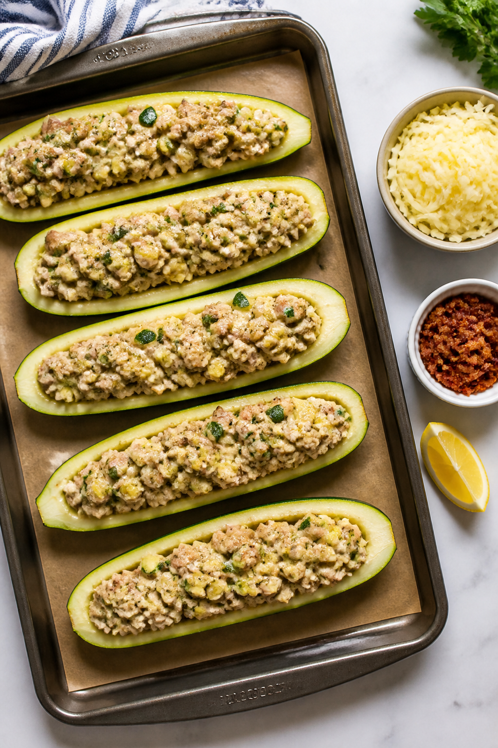 Cooking process: Overhead shot of zucchini boats on a sheet pan just after filling and pre-cheese, s