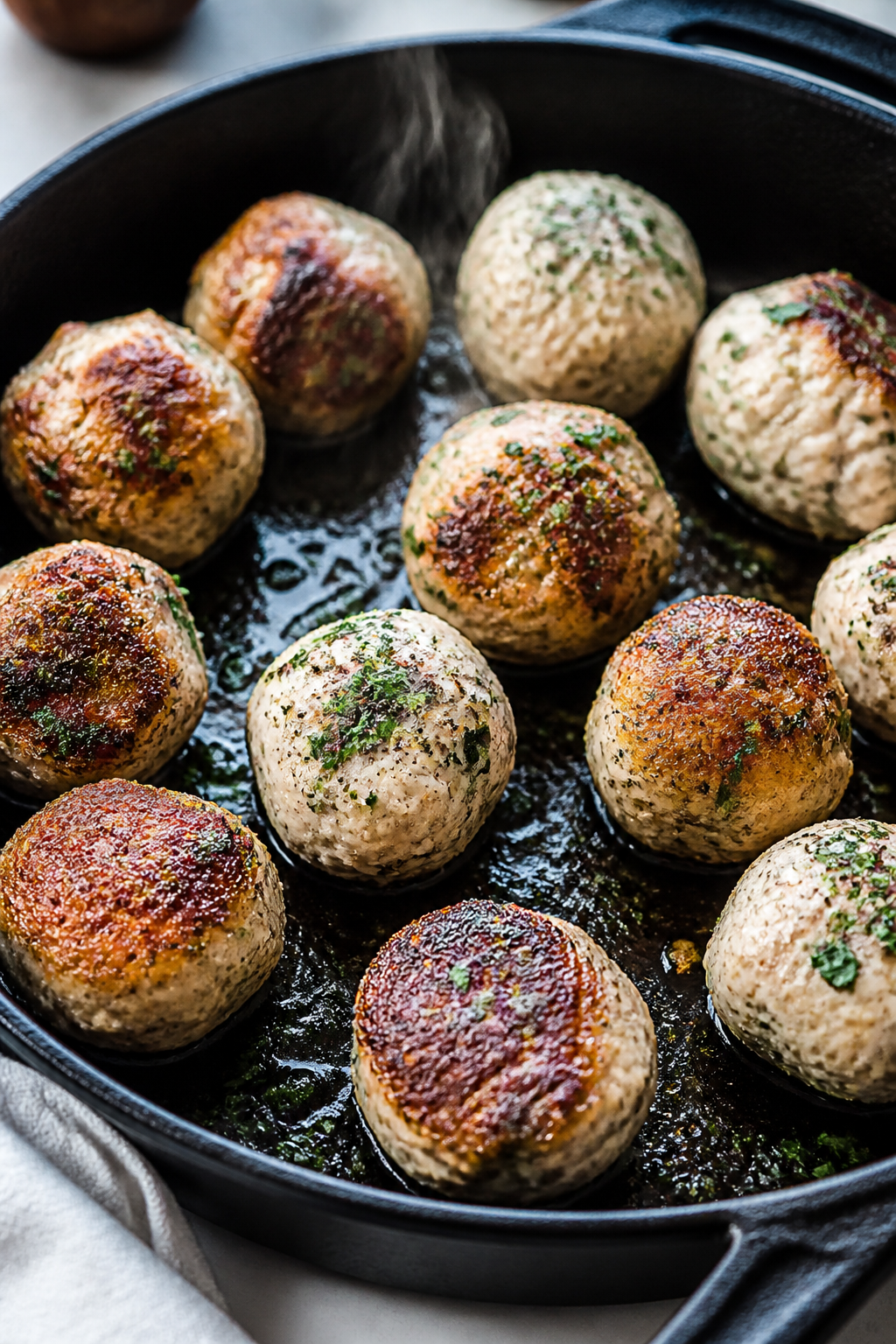 Cooking process: Pan-searing ranch chicken meatballs in a cast-iron skillet, rich caramelization on 