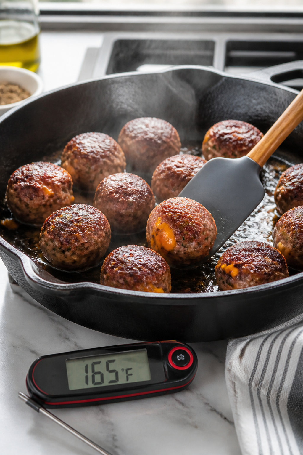 Cooking process: Pan-searing scene of meatballs in a heavy skillet—well-browned crust forming on m