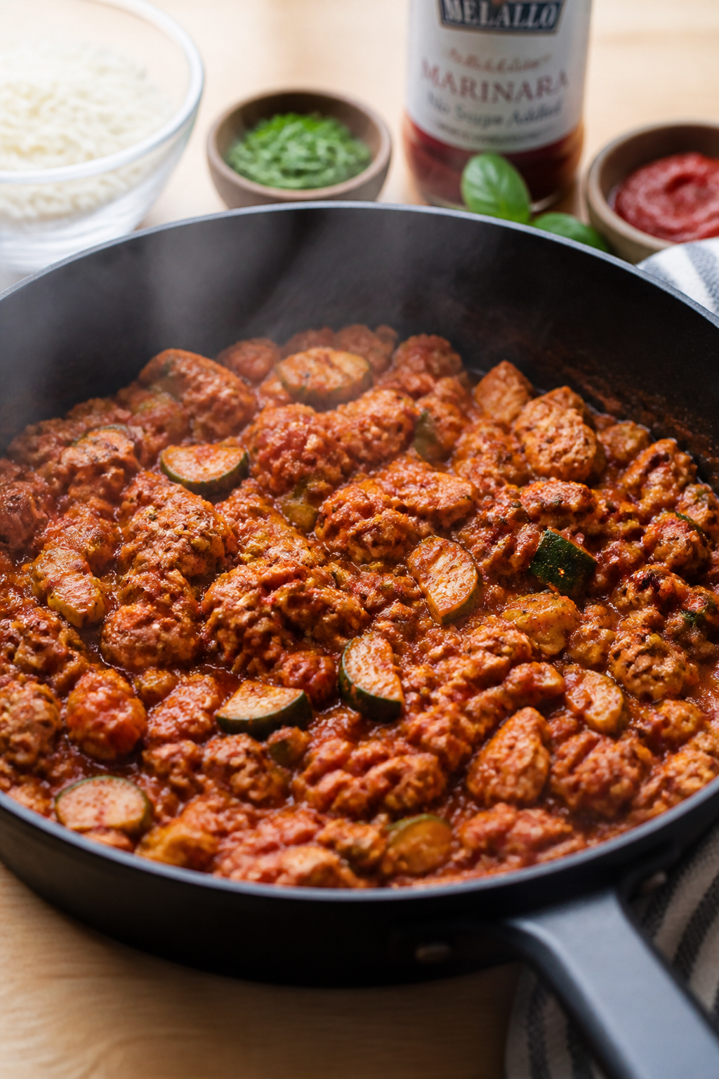 Cooking process: Sautéed turkey marinara layer thickening in a skillet—crumbled browned ground tu