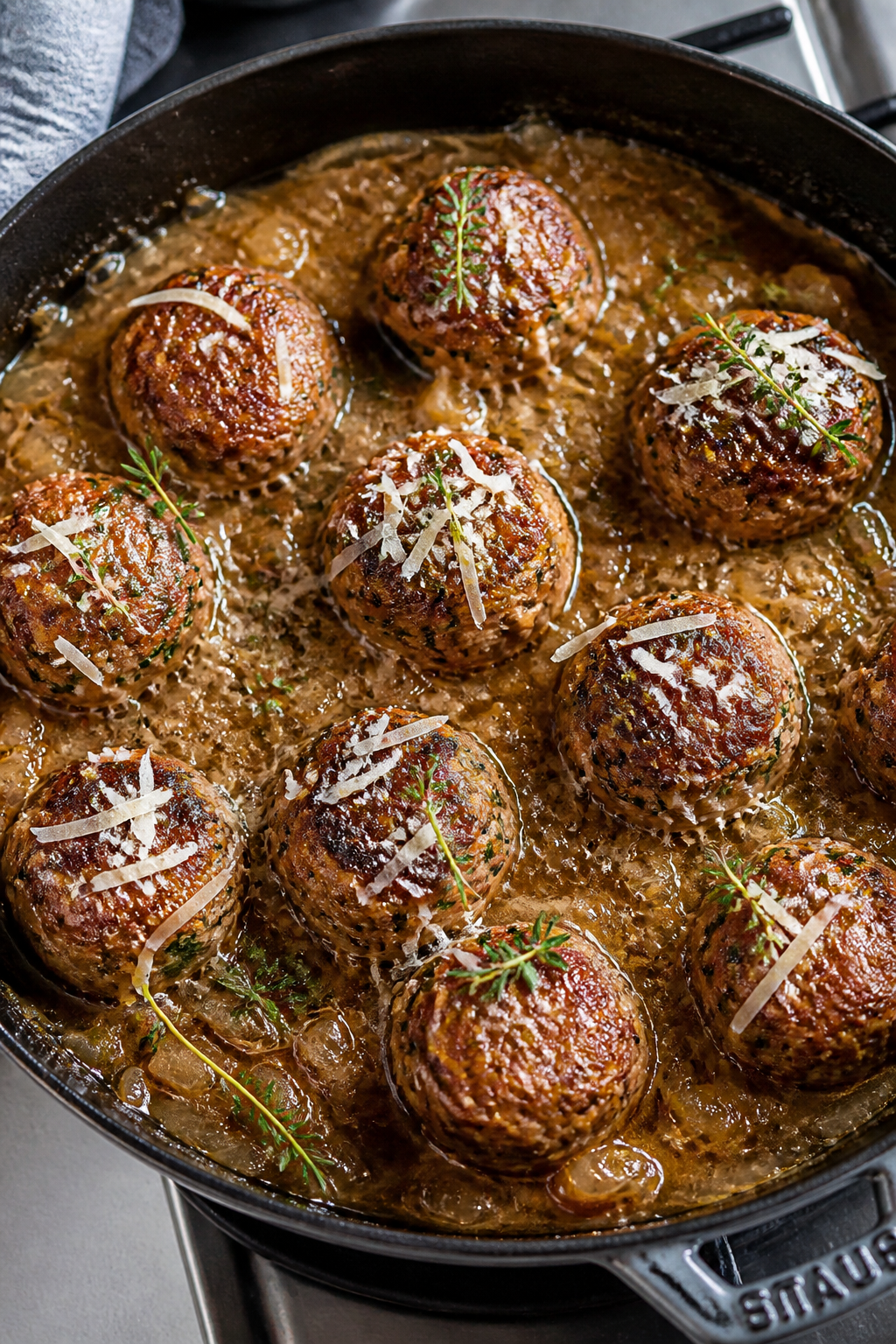 Cooking process: Searing keto meatballs (beef+pork, almond flour, Parmesan) nestled back into the sk