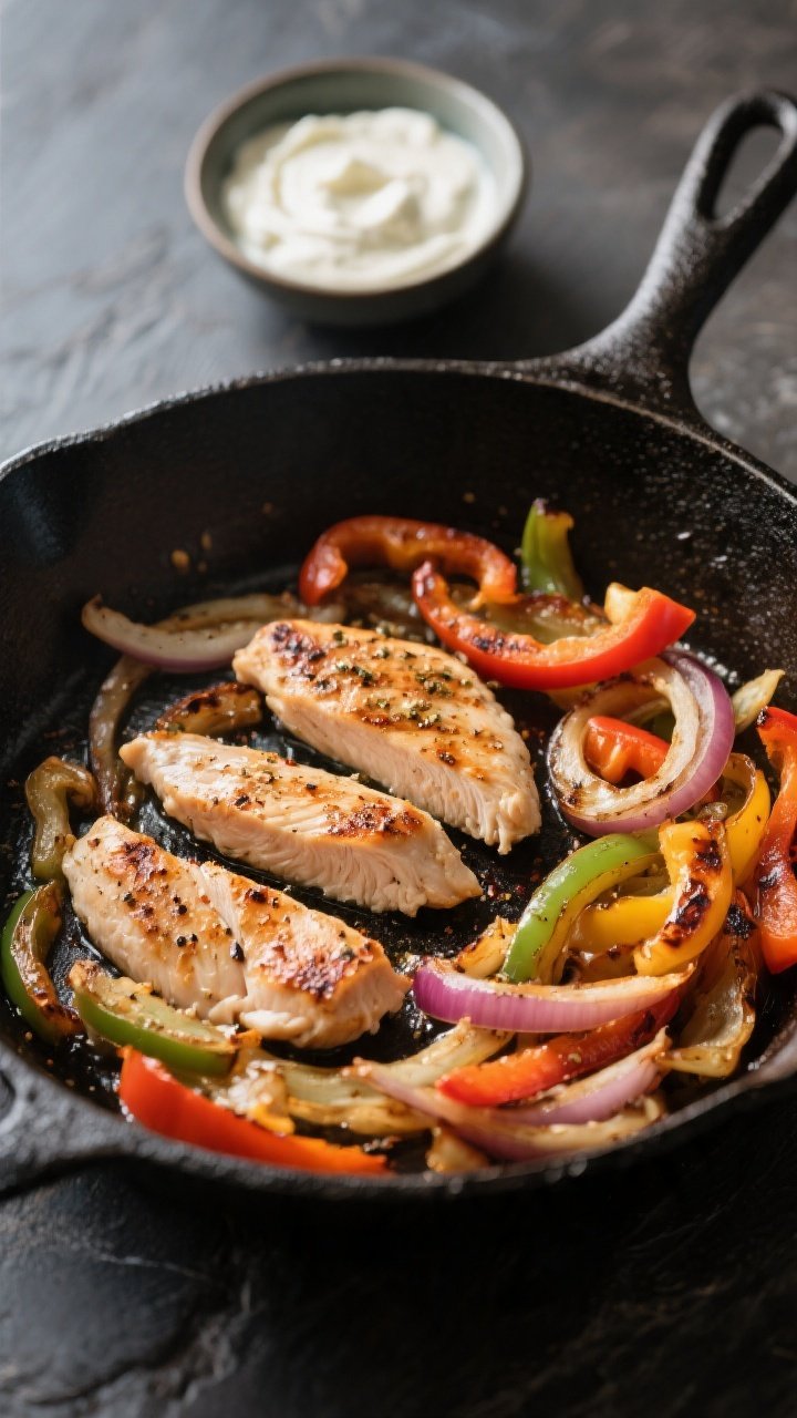 Cooking process: Searing seasoned chicken strips in a hot skillet alongside sautéed peppers and oni