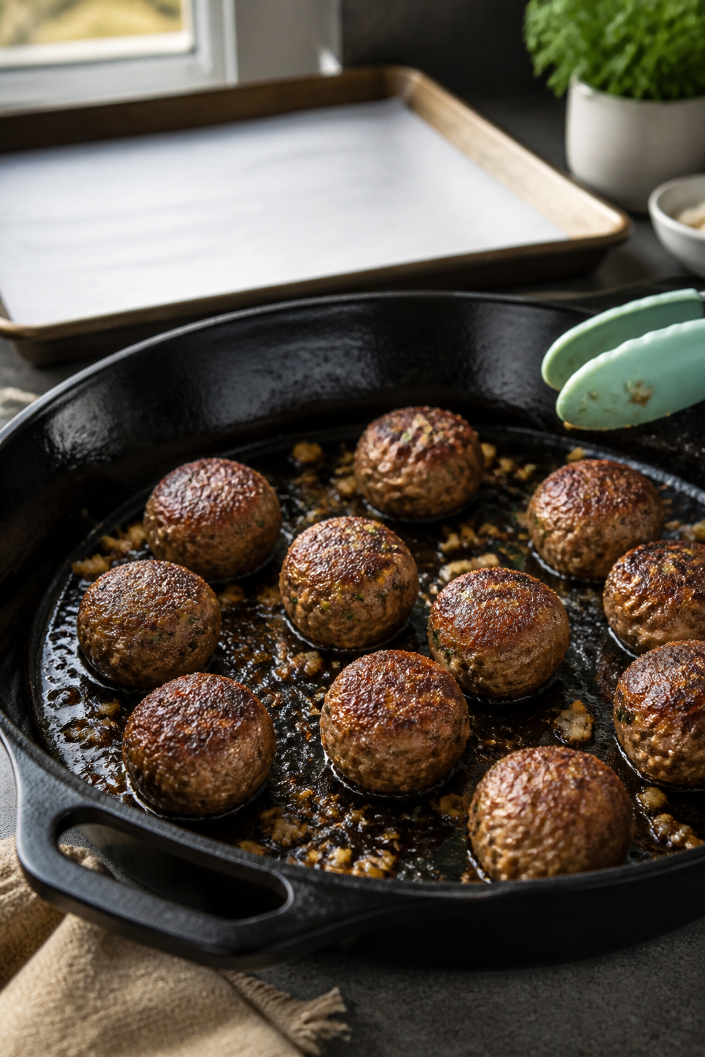 Cooking process: Searing stage in a cast-iron skillet—meatballs arranged with space between, devel