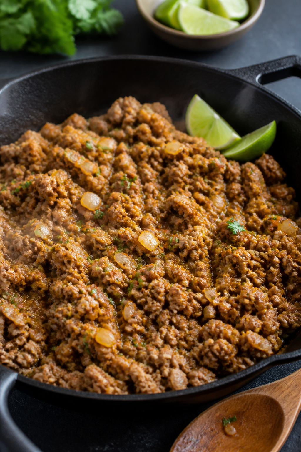 Cooking process: Seasoned ground turkey sizzling in a cast-iron skillet, browned and juicy with visi