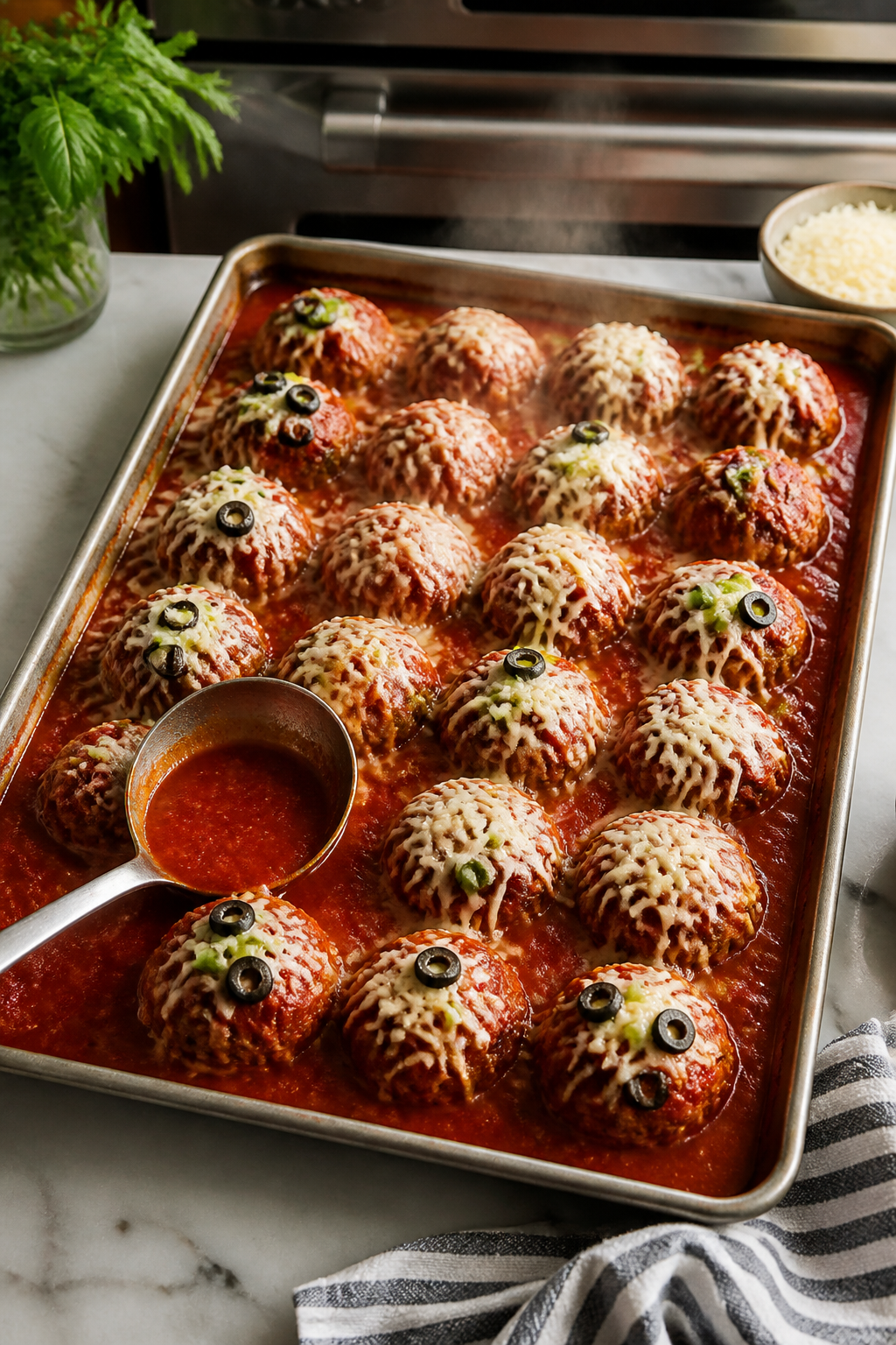 Cooking process: Sheet pan of partially baked meatballs at the “add sauce and cheese” step—mea