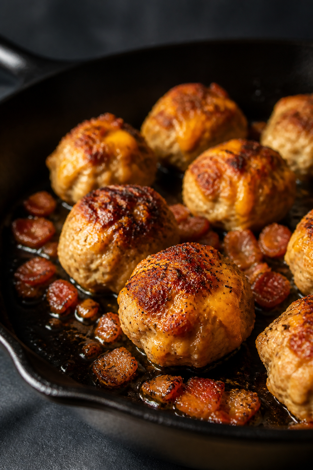 Cooking process shot: Keto Crack Chicken Meatballs getting a quick skillet sear after baking—golde