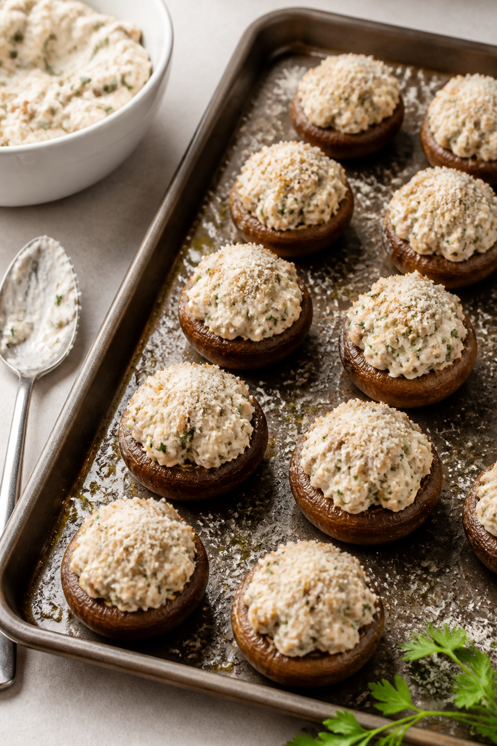 Cooking process shot showing stuffed caps pre-bake on a rimmed sheet pan: mushrooms brushed with oli