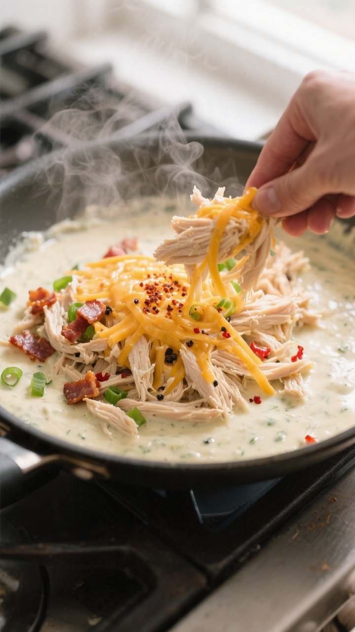Cooking process — Shredded crack chicken going back into the creamy sauce: Close-up of tender shre