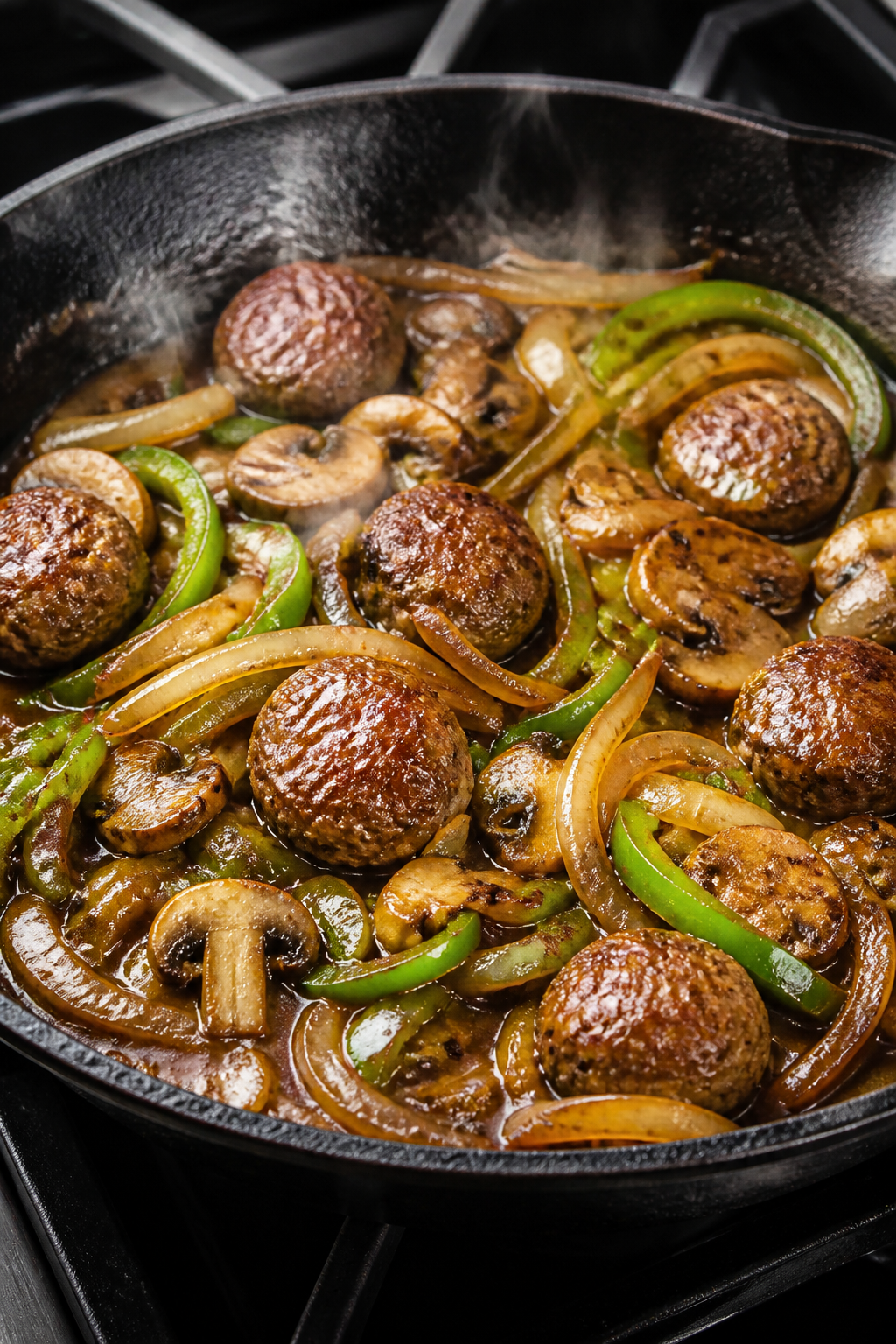 Cooking process, skillet action: Sautéed peppers, onions, and mushrooms sizzling in a large, well-s