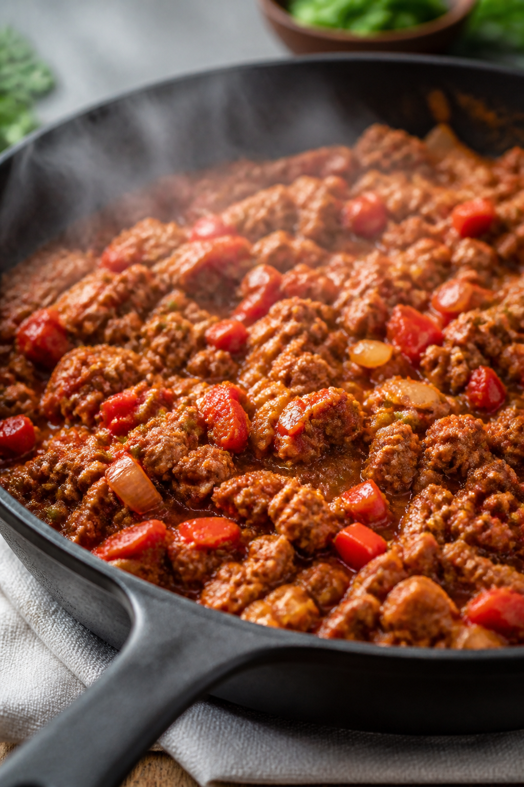 Cooking process, skillet close-up: Ground Turkey Pepper Jack Bake mid-cook in an oven-safe skillet o