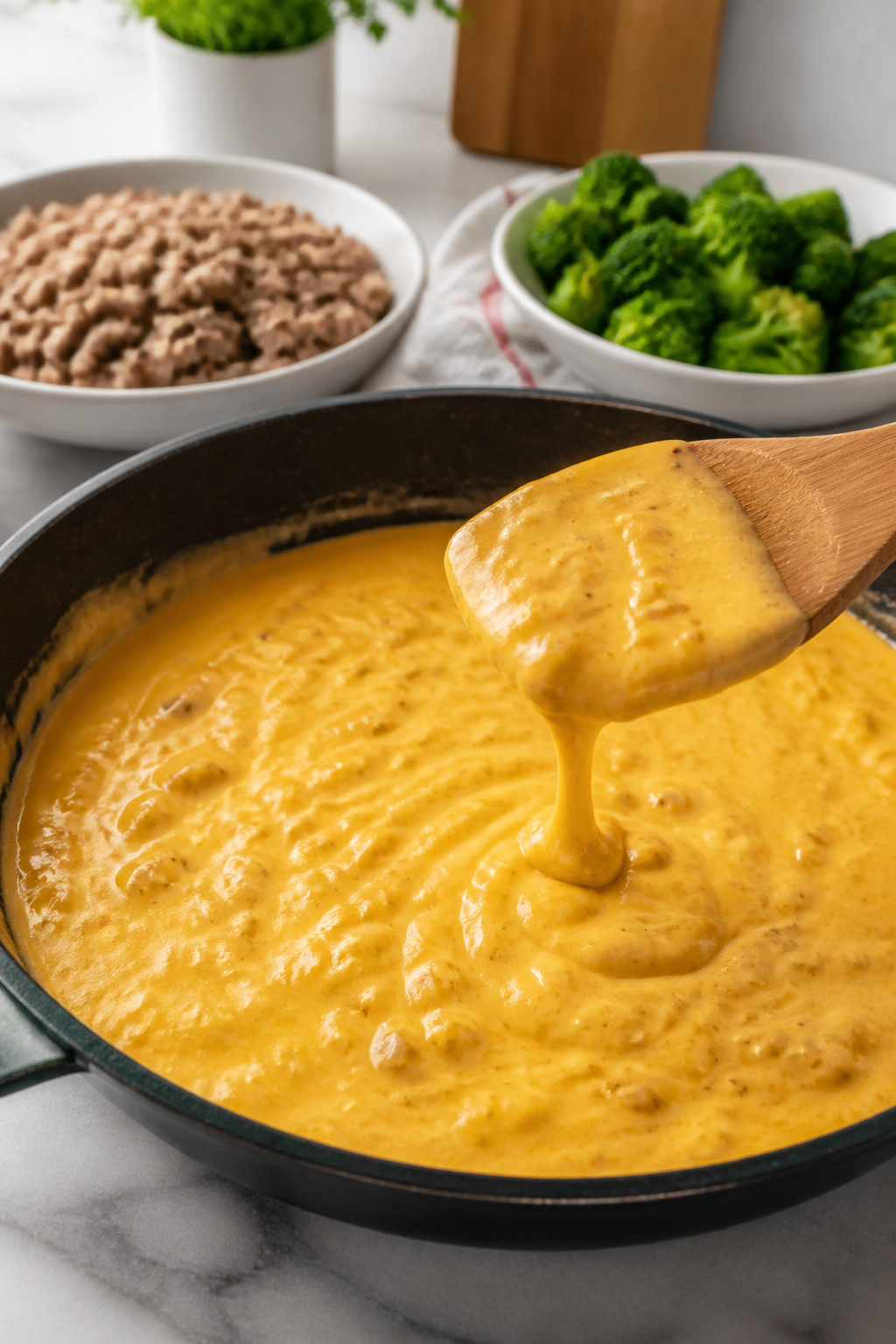 Cooking process: Skillet scene of the creamy cheddar sauce being finished off-heat—silky, slightly