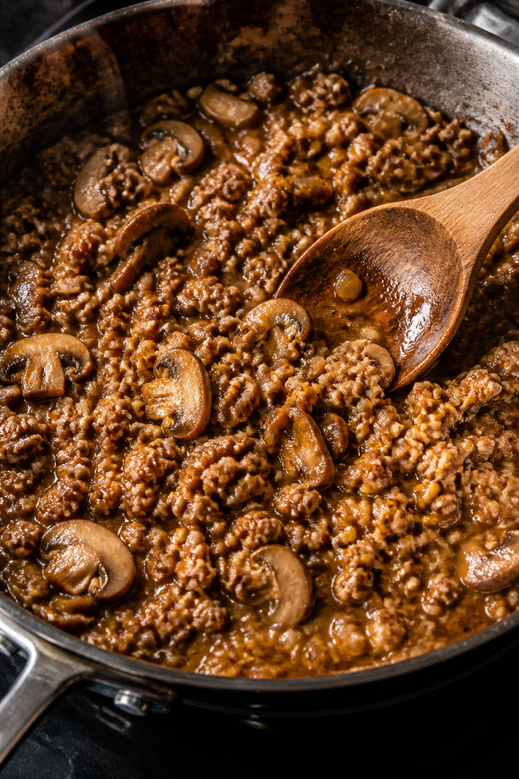 Cooking process: Skillet scene of the turkey-onion-mushroom mixture after adding Worcestershire and 