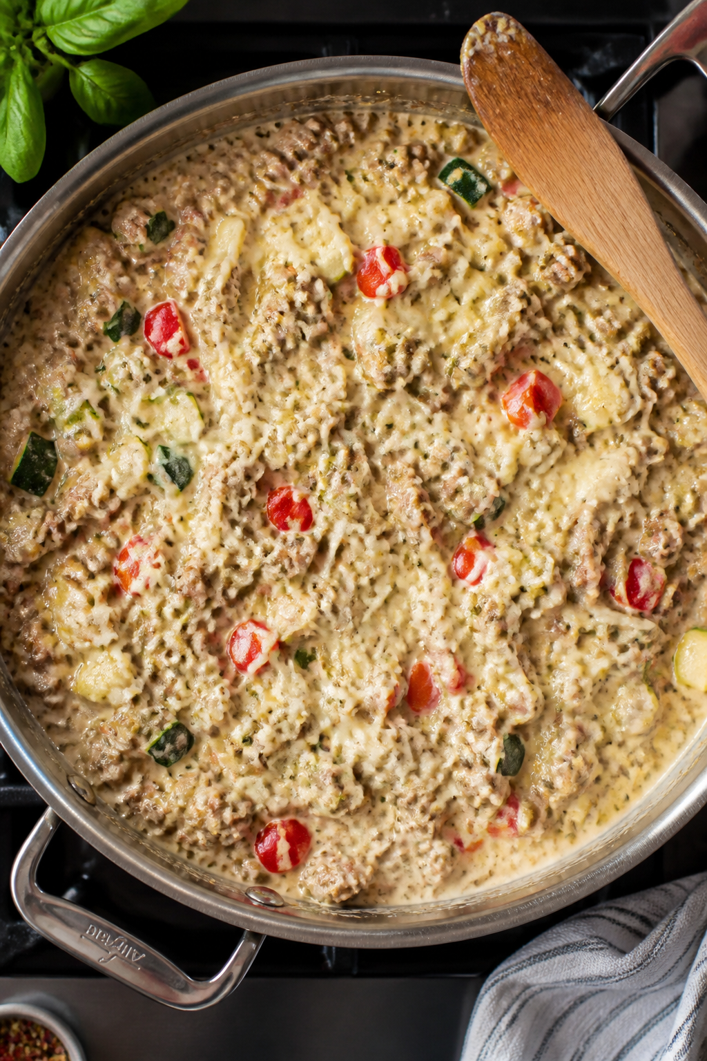 Cooking process: Skillet shot of the creamy turkey mixture finishing on low heat—ground turkey bro