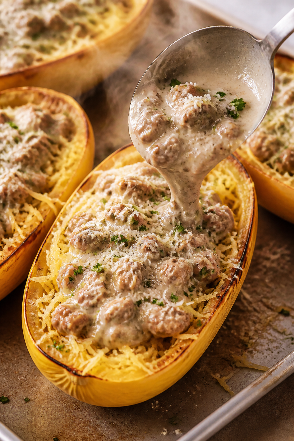 Cooking process: Spaghetti squash “boats” fresh from the oven being filled with saucy ground tur