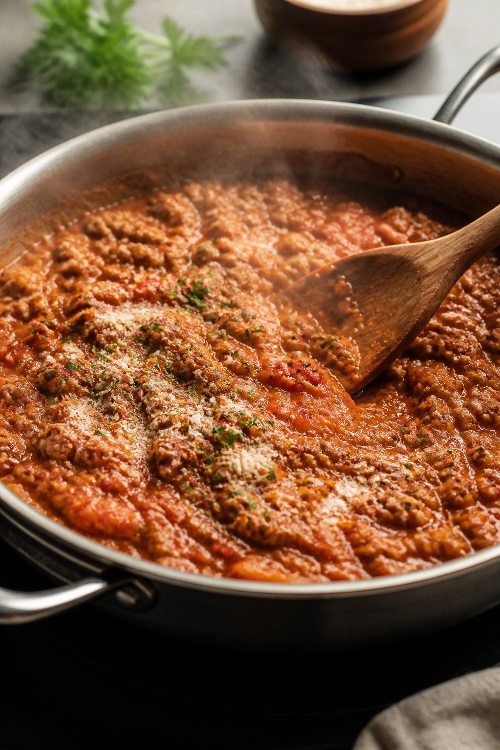 Cooking process, stovetop action: A large skillet of browned ground turkey simmering in a rich tomat