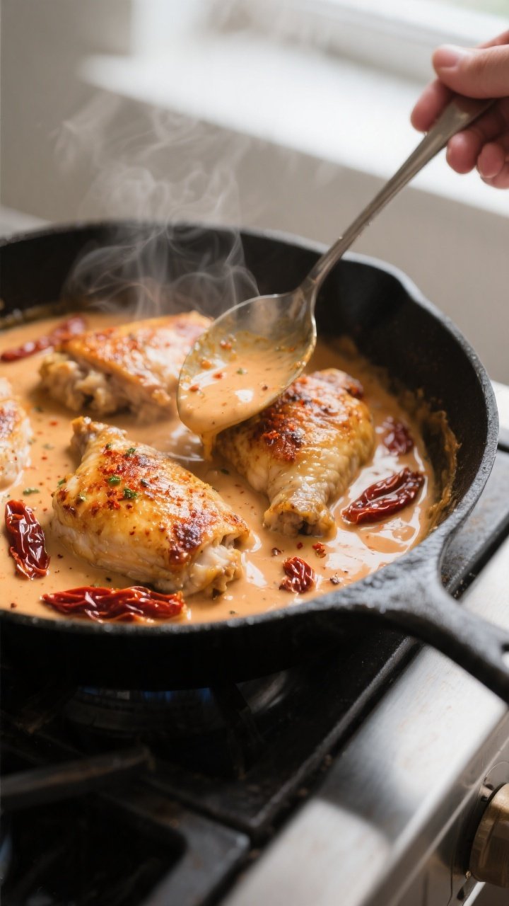 Cooking process, stovetop action: Golden-seared chicken thighs simmering in a silky sun-dried tomato