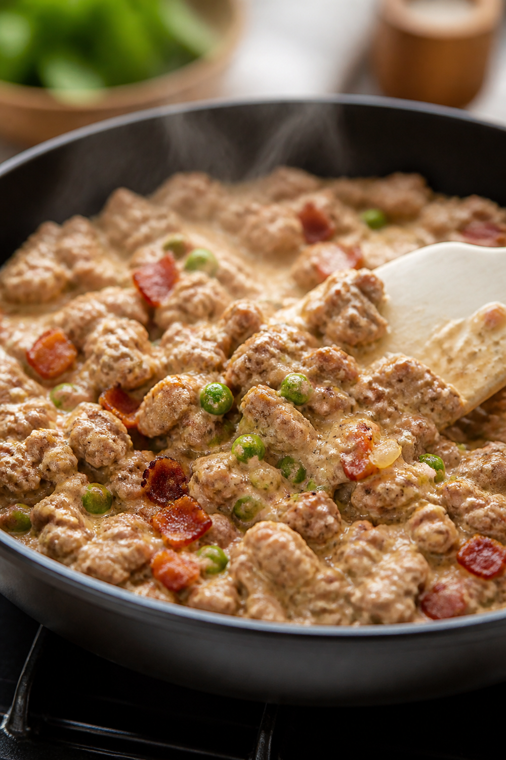 Cooking process, stovetop: Close-up of an oven-safe skillet filled with the creamy turkey mixture ju