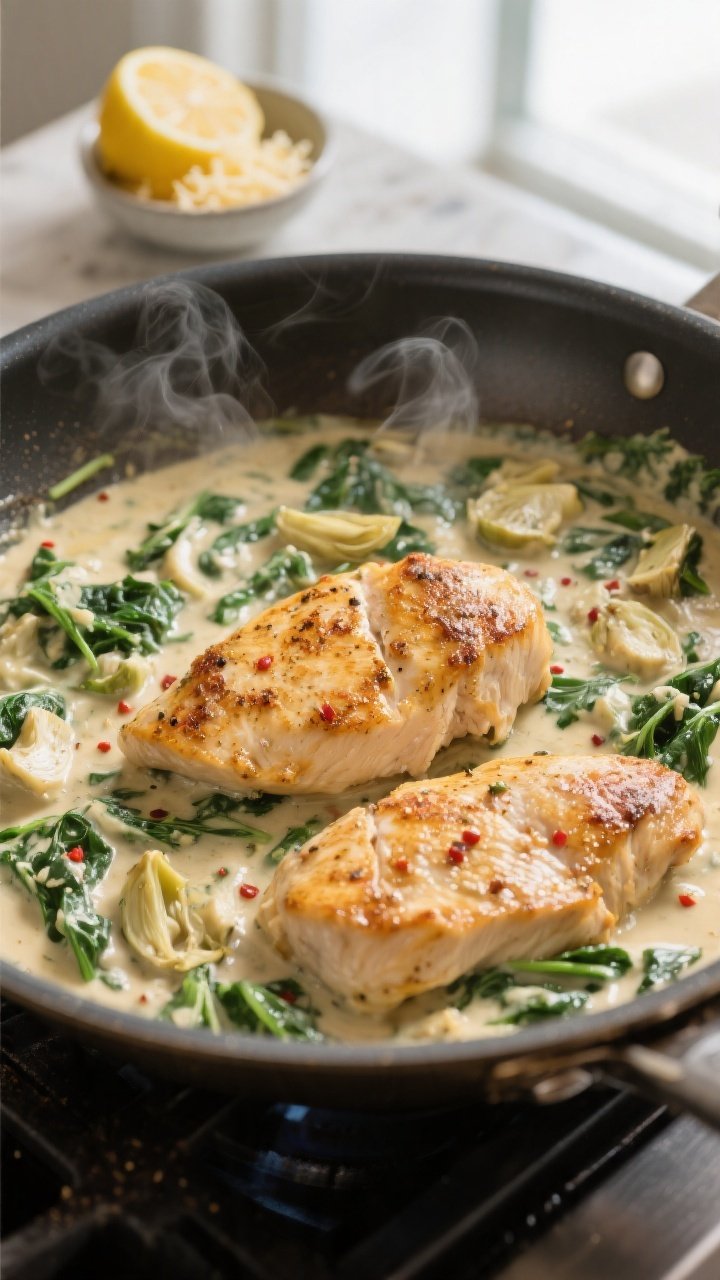 Cooking process, stovetop: Golden-seared chicken cutlets simmering back in a large skillet of creamy